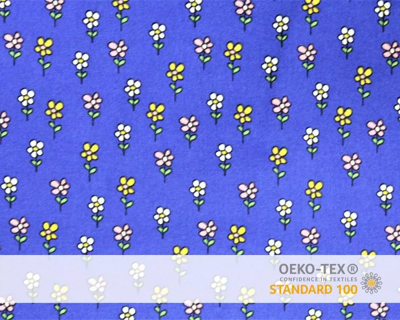 Baumwollstoff Blau mit bunten Blumen Print